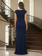 A-Line Chiffon Cape Sleeves Floor-Length Mother of the Bride & Groom Dresses with Floral Sequin Bodice (SHI22500691)
