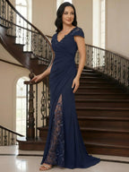A-Line/Princess Scoop Neck Cap Sleeve Floor-Length Mother of the Bride Dresses with Lace Applique (SHI22500008)