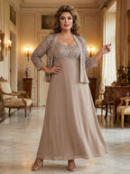 2-Piece A-Line Chiffon 3/4 Sleeves Mother of the Bride & Groom Dresses with Scalloped V-Neck Lace Bodice (SHI22500637)