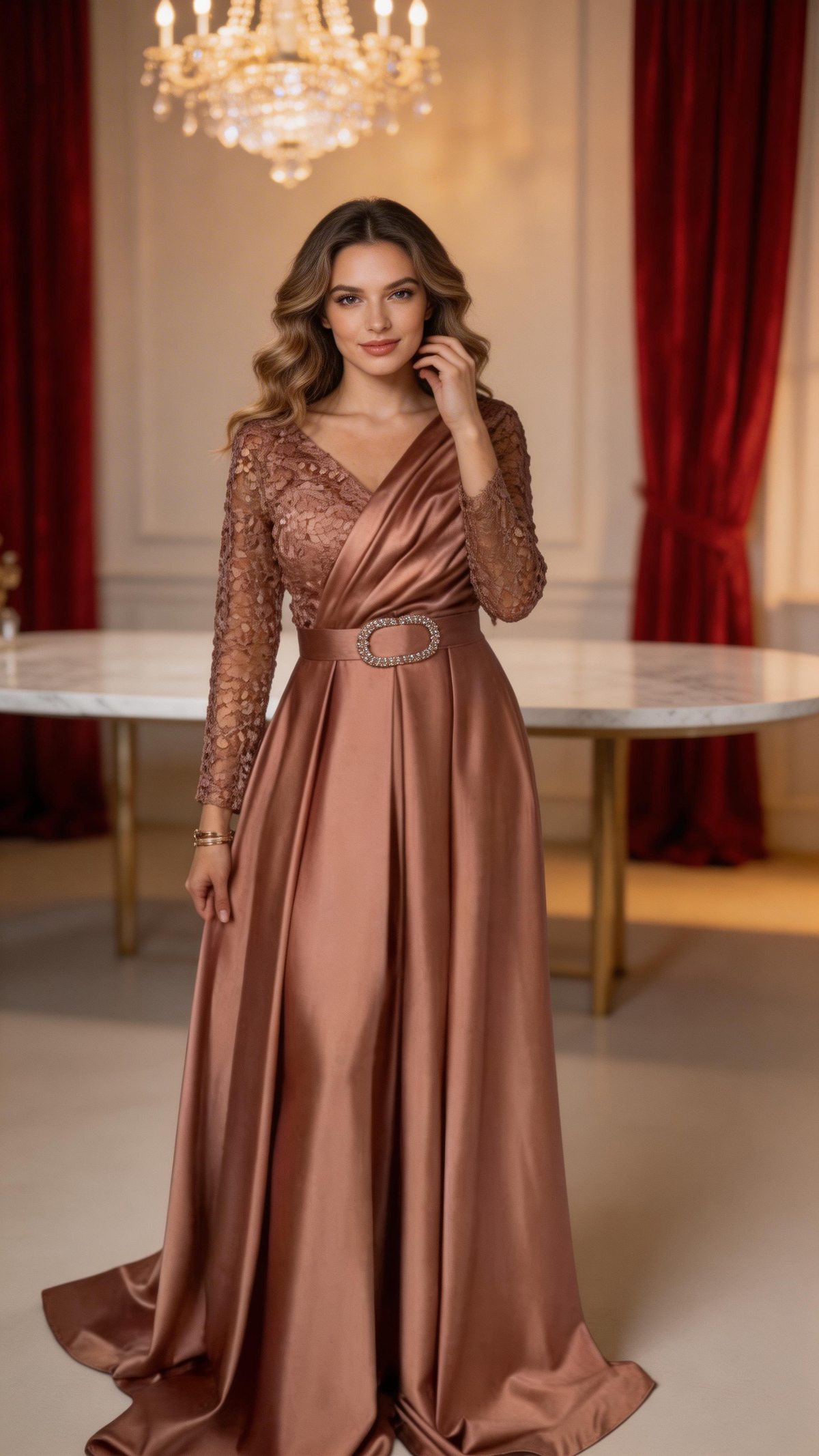 Woman modeling a satin bronze evening gown with lace sleeves from ZAPDRESS