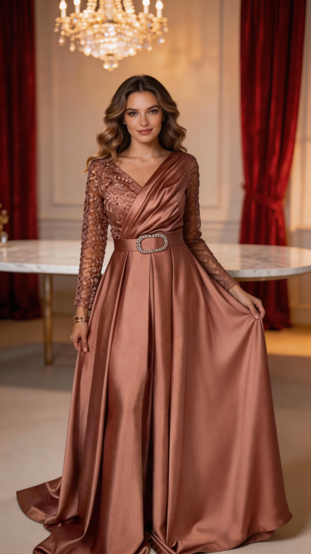 Woman in elegant rose gold evening dress with lace sleeves from ZAPDRESS