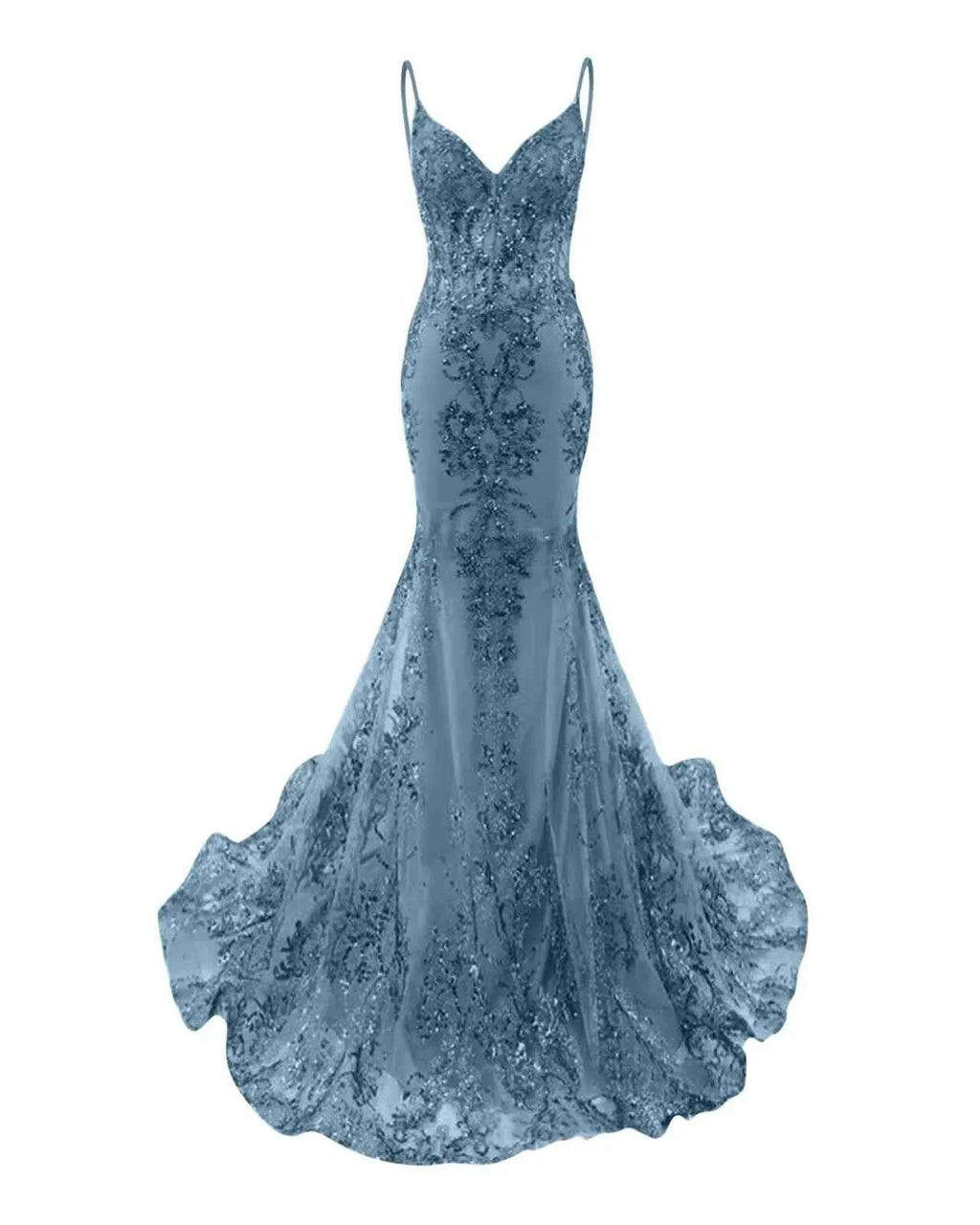 Trumpet Mermaid Long Prom Dress Spaghetti Straps Sparkly Sequin Lace Applique