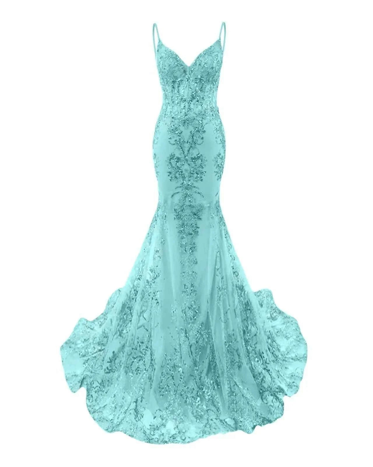 Trumpet Mermaid Long Prom Dress Spaghetti Straps Sparkly Sequin Lace Applique