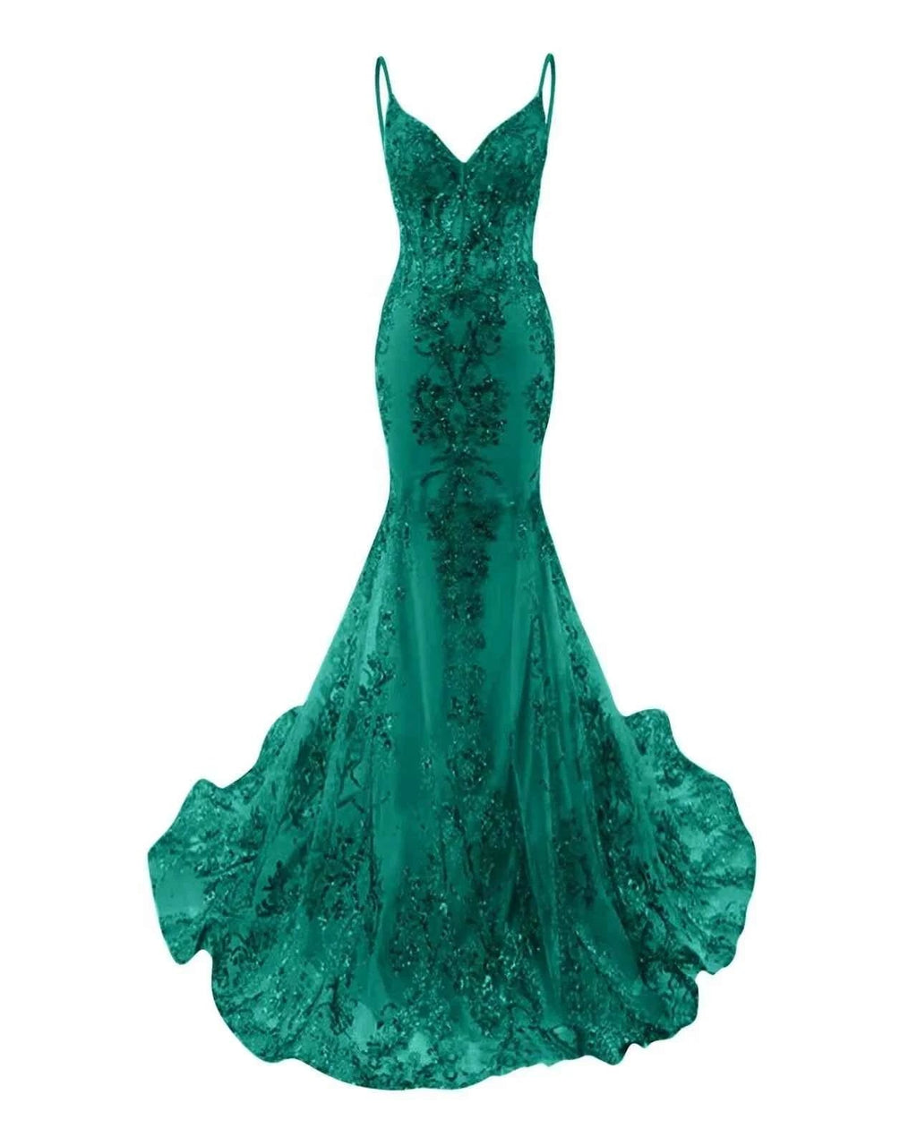 Trumpet Mermaid Long Prom Dress Spaghetti Straps Sparkly Sequin Lace Applique