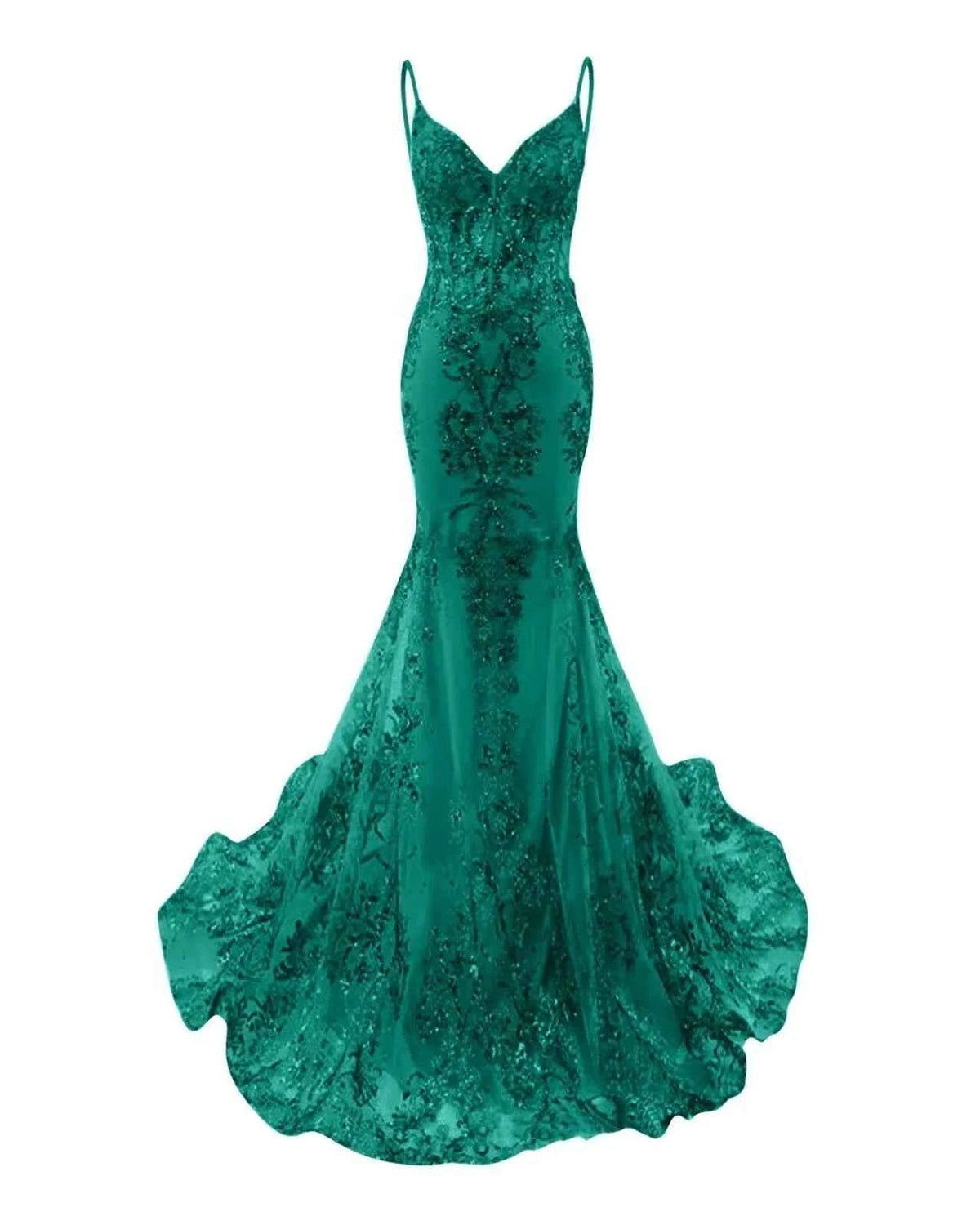 Trumpet Mermaid Long Prom Dress Spaghetti Straps Sparkly Sequin Lace Applique