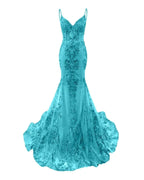 Trumpet Mermaid Long Prom Dress Spaghetti Straps Sparkly Sequin Lace Applique