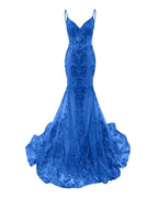 Trumpet Mermaid Long Prom Dress Spaghetti Straps Sparkly Sequin Lace Applique