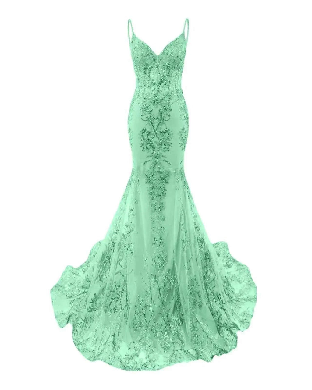 Trumpet Mermaid Long Prom Dress Spaghetti Straps Sparkly Sequin Lace Applique