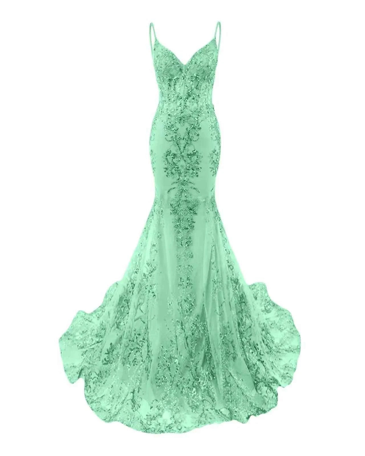 Trumpet Mermaid Long Prom Dress Spaghetti Straps Sparkly Sequin Lace Applique