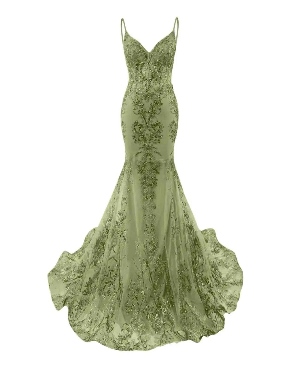 Trumpet Mermaid Long Prom Dress Spaghetti Straps Sparkly Sequin Lace Applique