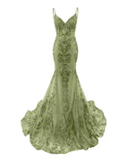 Trumpet Mermaid Long Prom Dress Spaghetti Straps Sparkly Sequin Lace Applique