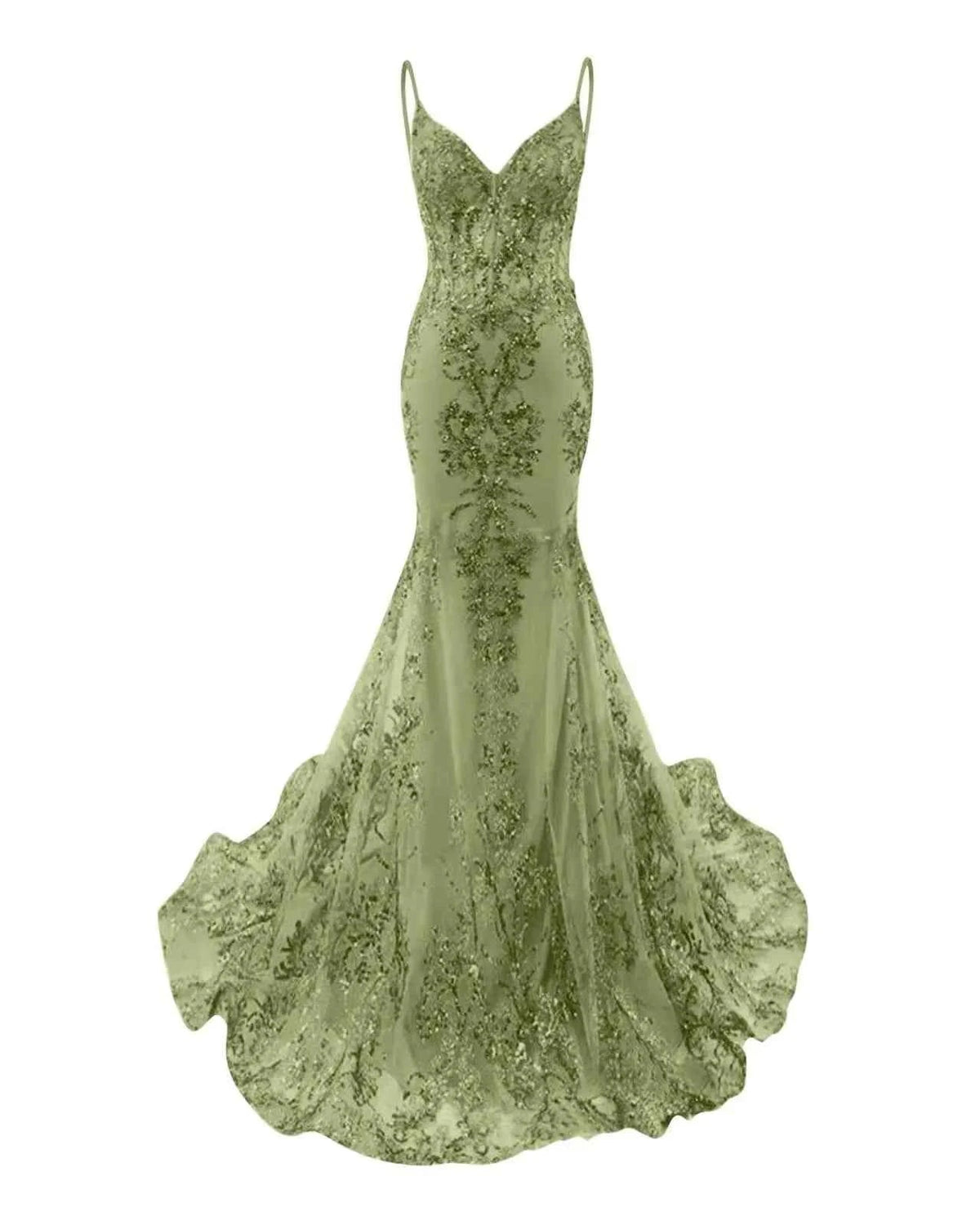 Trumpet Mermaid Long Prom Dress Spaghetti Straps Sparkly Sequin Lace Applique