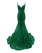 Trumpet Mermaid Long Prom Dress Spaghetti Straps Sparkly Sequin Lace Applique