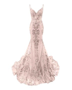 Trumpet Mermaid Long Prom Dress Spaghetti Straps Sparkly Sequin Lace Applique