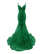 Trumpet Mermaid Long Prom Dress Spaghetti Straps Sparkly Sequin Lace Applique