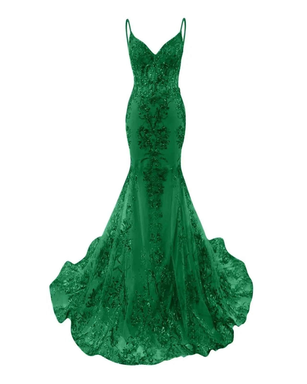 Trumpet Mermaid Long Prom Dress Spaghetti Straps Sparkly Sequin Lace Applique