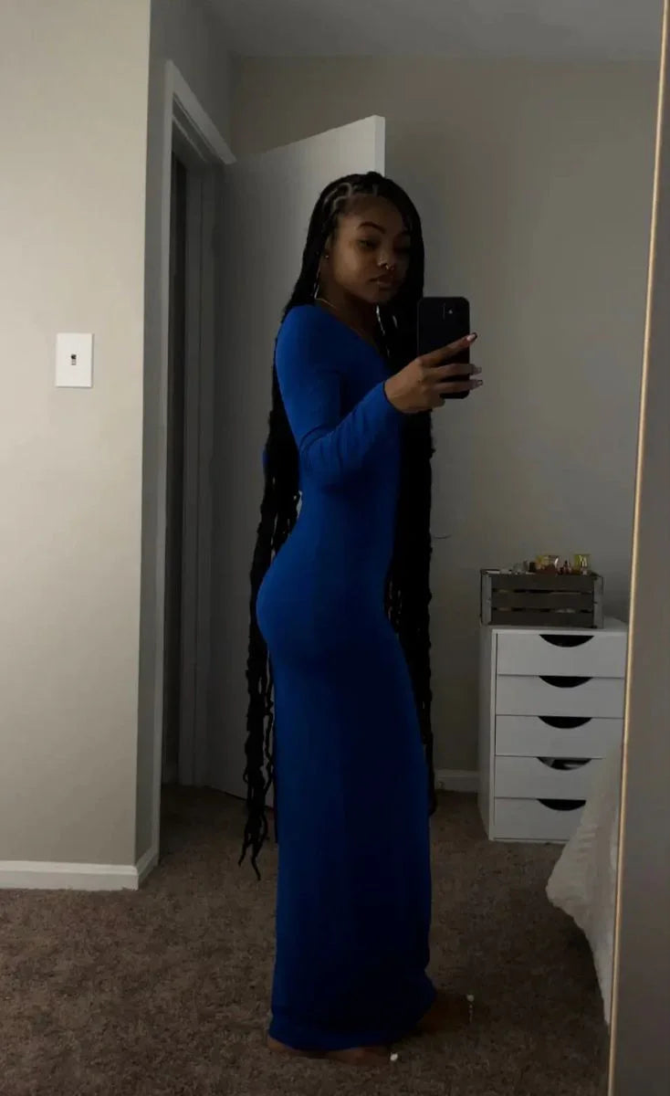 Vestido Maxi de Mangas Compridas Azul Real, Vestido de Noite Justo e Sedutor Y4099