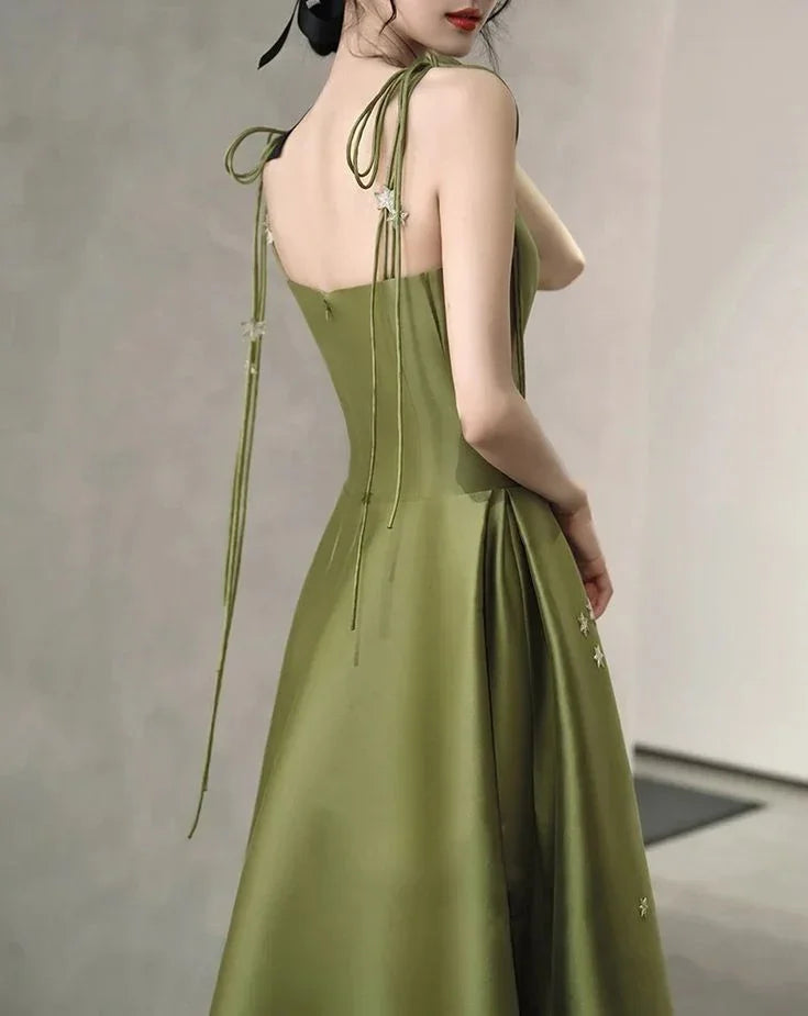 Vestido de fiesta largo hasta el suelo de satén con tirantes finos, corte en línea A, sencillo Y7011