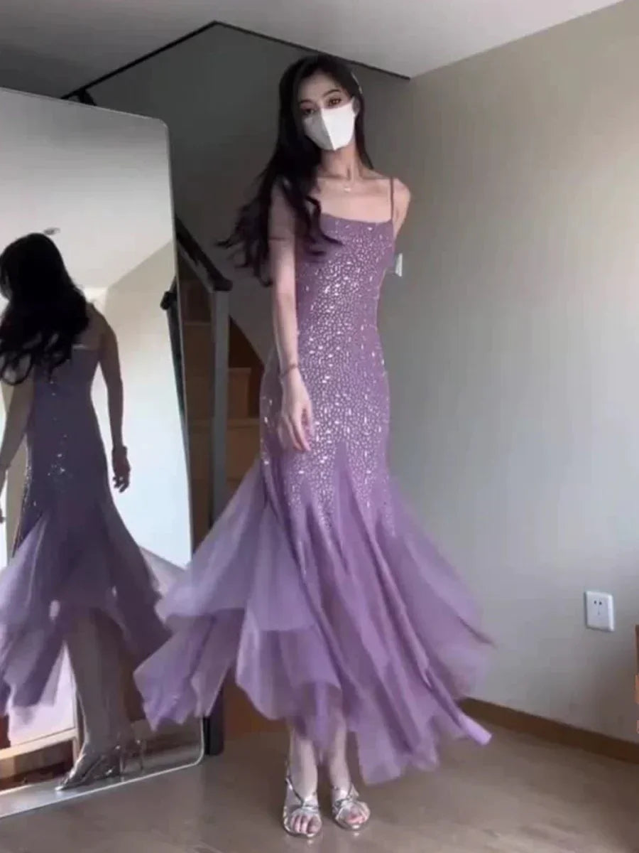 Vestido de noche para baile de graduación Y7812, morado, con tirantes finos estilo sirena, de gasa con cuentas