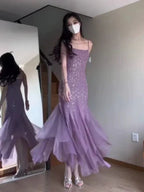 Vestido de noche para baile de graduación Y7812, morado, con tirantes finos estilo sirena, de gasa con cuentas