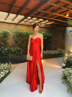 Vestido de fiesta rojo de satén sin tirantes, vestido de noche rojo Y2356