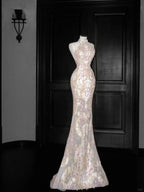 Classy Tulle Appliques Sequins Mermaid Prom Dress Slit Formal Evening Dress Y8661