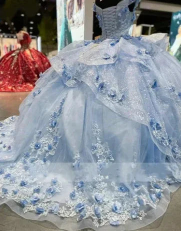 Vestido de Baile de Anos Quinceanera Gorgeous Blue Off The Shoulder com Aplicações de Tule Y7835