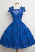 Robe de bal somptueuse bleu royal à bord festonné, longueur genou, pour retour à la maison
