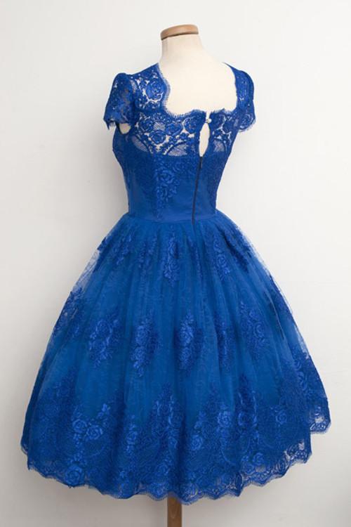 Robe de bal somptueuse bleu royal à bord festonné, longueur genou, pour retour à la maison