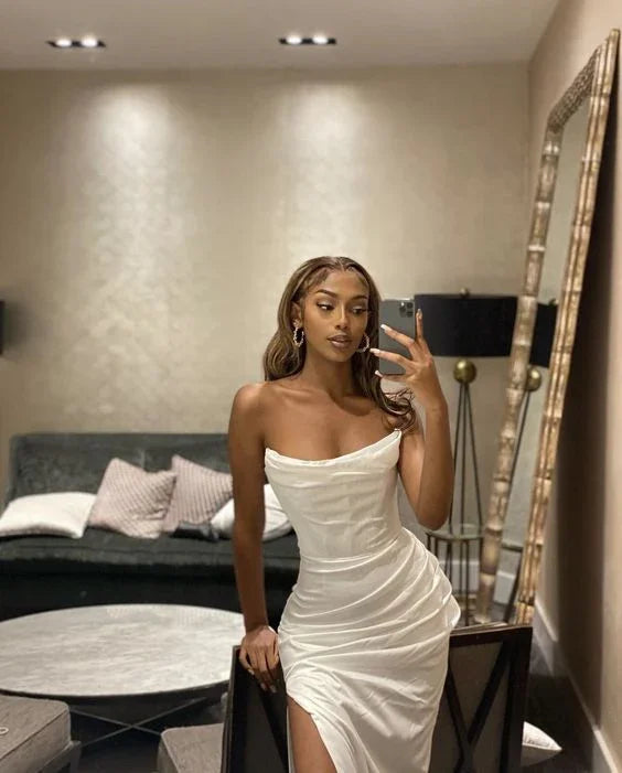Vestido largo de noche blanco elegante sin tirantes Vestido formal blanco Y7287