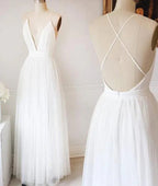 Vestidos de boda sencillos blancos de tul en línea A con escote en V Vestidos largos de fiesta MW218