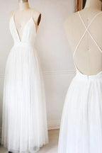 Vestidos de boda sencillos blancos de tul en línea A con escote en V Vestidos largos de fiesta MW218