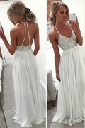 Vestidos de boda playeros blancos largos hasta el suelo con cuello halter y cuentas Vestido barato de fiesta MP256