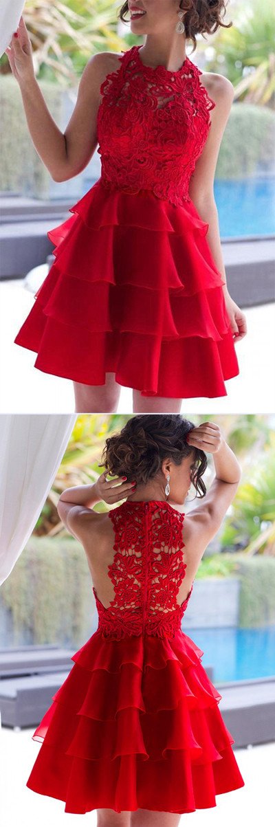 Vestito da cerimonia a balze in chiffon rosso con scollo a barchetta e linea a trapezio, abiti corti per ballo di fine anno