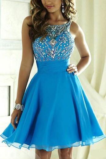 Blue Tulle Beaded Halter Open Back Homecoming Dresses, Junior Short Prom Dress