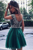 Robe de bal courte verte bon marché en tulle à perles, robes de retour à la maison