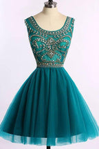 Robe de bal courte verte bon marché en tulle à perles, robes de retour à la maison