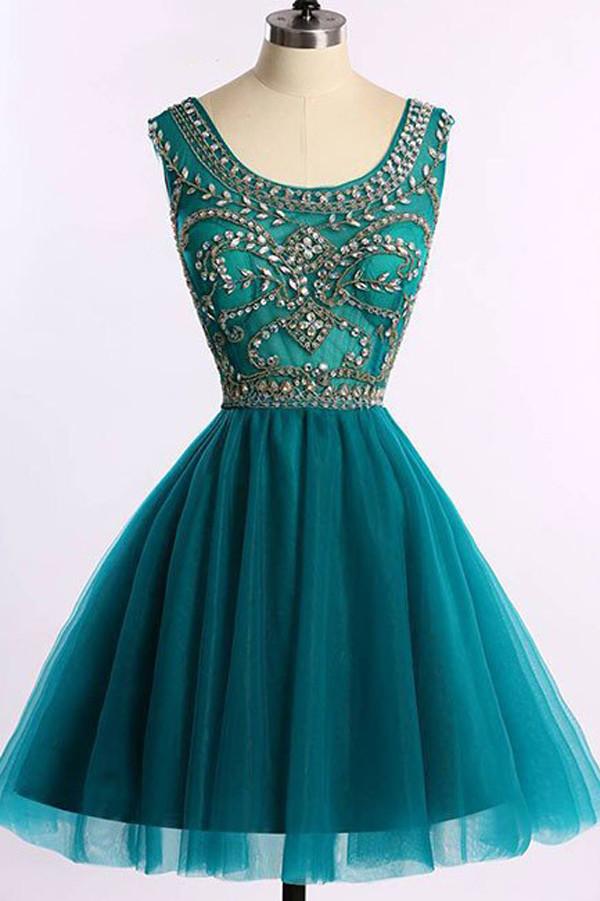 Green Beaded Tulle A-line Short Prom Dress, Homecoming Dresses
