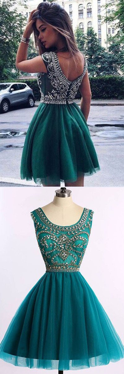 Robe de bal courte verte bon marché en tulle à perles, robes de retour à la maison