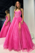 Vestido de Baile Sem Alças com Contas e Fenda em Rosa Forte