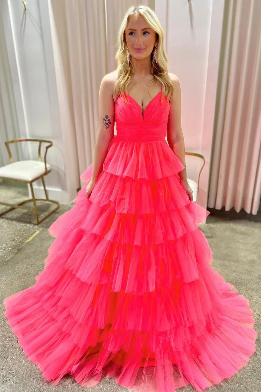 Lavender V-Neck Ruffle Tiered Long Prom Gown