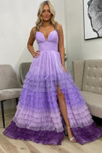 Abito da sera a balze a più strati con scollo a V Roycebridal in lavanda e viola sfumato