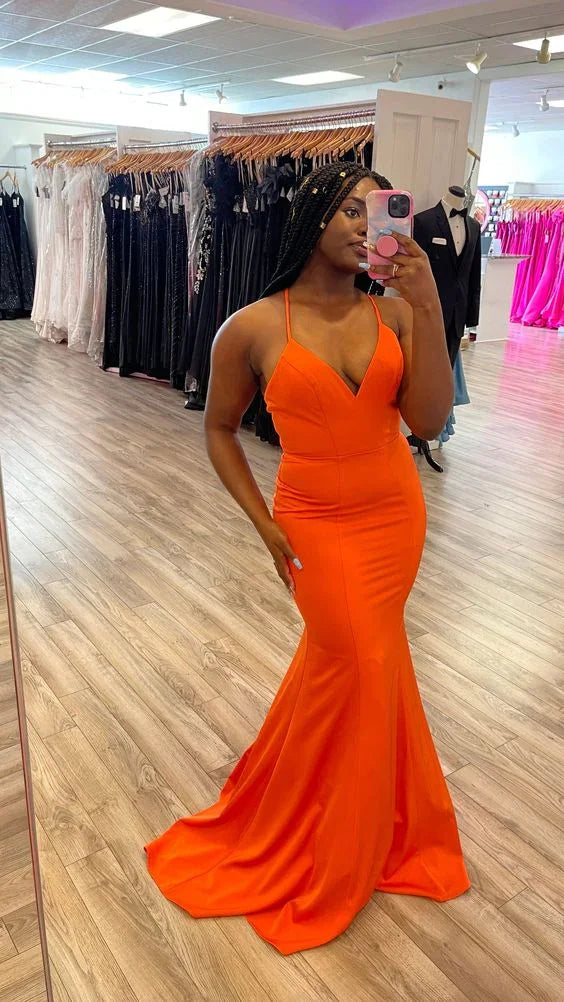 Vestido Longo de Cetim Laranja Simples Estilo Sereia para Baile Vestido de Noite Laranja Y6197