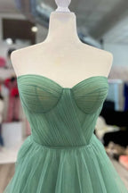 Green Strapless Floral Long Prom Dresses Green Formal Dresses Green Tulle Evening Dresses Y4640