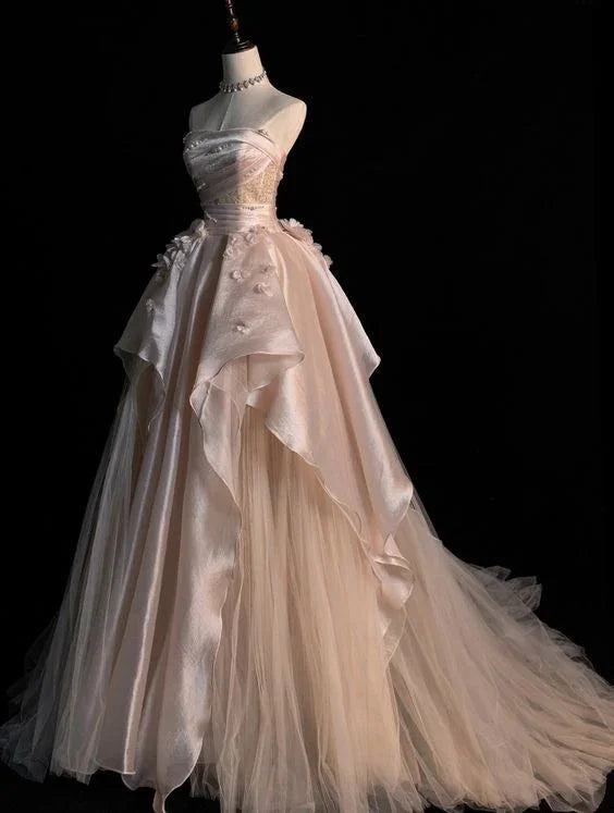 Generous Pink Strapless A-line Tulle Evening Dress Glam Dress Y6761