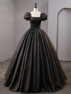Black Square Neckline Tulle Long Prom Dress Shiny Black Evening Dresses Y4386