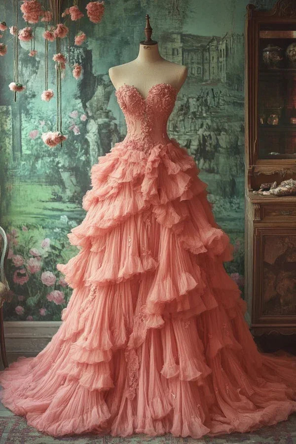 Vestido de baile deslumbrante com aplicações de tule cor-de-rosa, folhos pregueados, saia em camadas múltiplas em corte evasê, vestido de baile Y8038