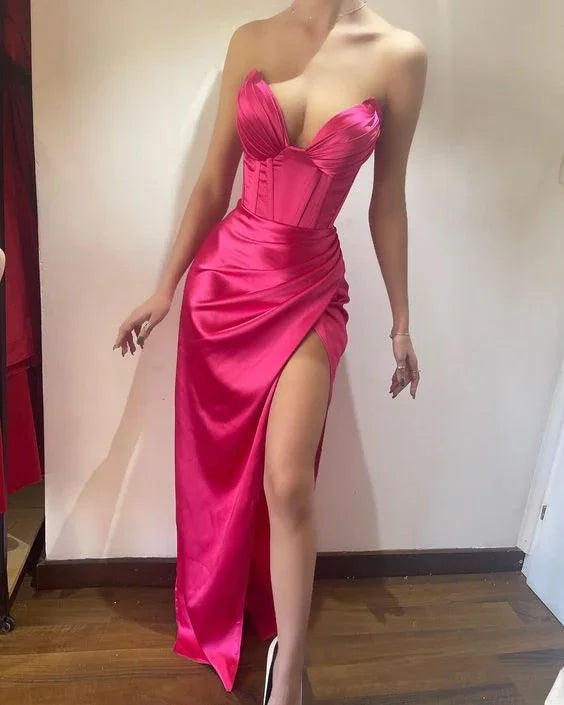 Robes de soirée formelles fuchsia pour femmes Robe longue fendue pour invité de mariage Y3091