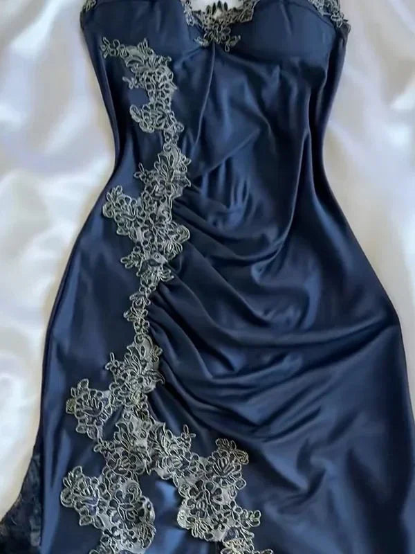 Vintage marineblaue Satin-Spitzenapplikationen Meerjungfrau-Abendkleid Ballkleid Y8497