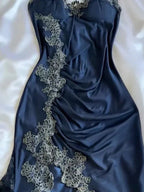 Vintage marineblaue Satin-Spitzenapplikationen Meerjungfrau-Abendkleid Ballkleid Y8497